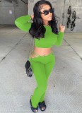 Green Long Sleeve O-Neck Crop Top and Hole Pants Two Piece Set