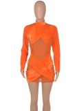 Mesh Patch Orange Velour Midi Neck Mini Fitted Dress