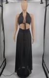 Black Halter Backless Bra and Maxi Skirt Two Piece Set