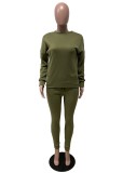 Green O-Neck Long Sleeve Top and Pants Two Piece Set