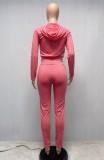 Peach Red Zip Long Sleeves Hoody Top and Pants Two Piece Set