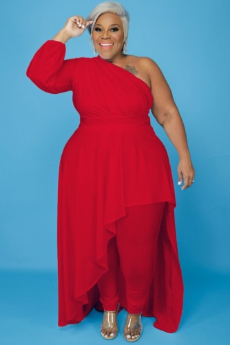 Plus Size Red One Sleeve Oblique Shoulder Irregular Dress