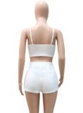White Zip Open Cami Crop Top and High Waist Shorts Two Piece Set