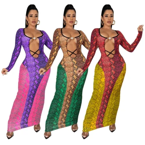 Colors Contrast Snake Skin Print Cut Out Fitted Maxi Dress