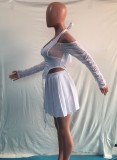 White Halter Ruched Zipper Up Crop Top and Mini Pleated Skirt Two Piece Set
