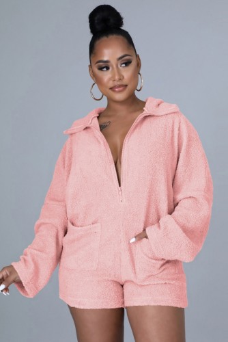Pink Zipper Up Long Sleeve Hoody Rompers with Pocket