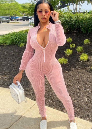 Pink Ribbed Zip Up Long Sleeves Fitted Jumpsuit