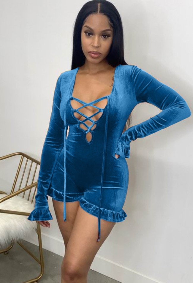 Blue Velvet Lace Up Ruffled Plunge Neck Hoody Romper