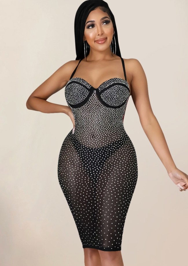 Rhinestone Black Cami Backless See Through Midi Dress