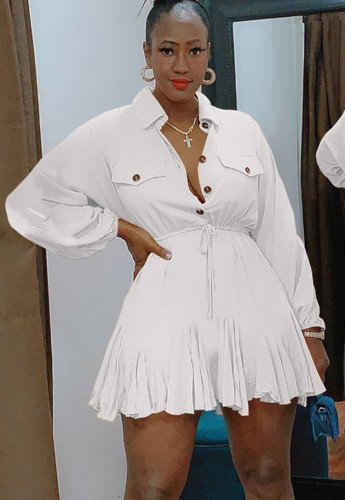 White Button Up Turndown Collar Drawstring Mini Shirring Dress