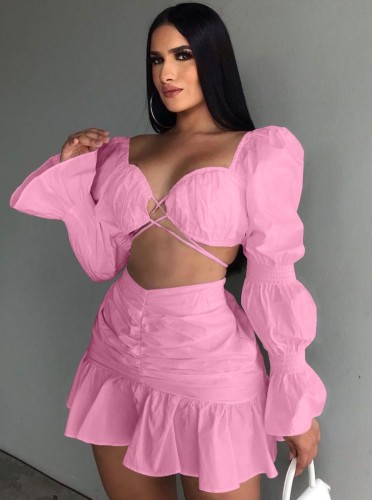 Pink Bubble Sleeve Crop Top and Ruched Shirring Skirt 2PCS Set