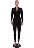 Black Ribbed Zip Up Long Sleeves Fitted Jumpsuit