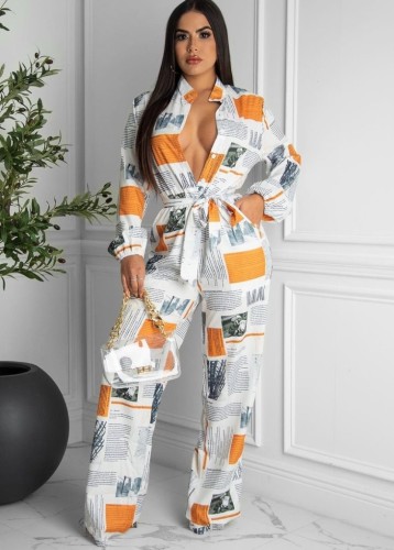 Newspaper Print White Button Up Stand Collar Loose Jumpsuit with Belt