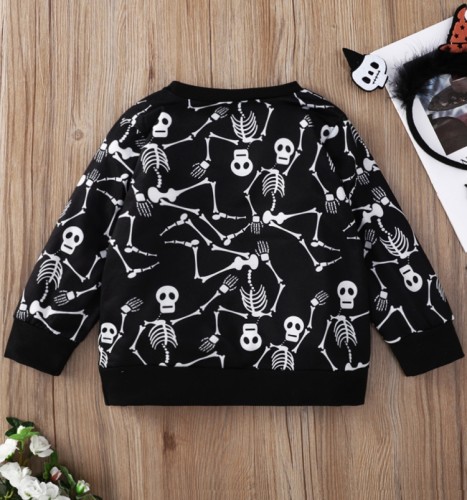 Kids Girl Skull Print Black Long Sleeves O-Neck Sweatshirt