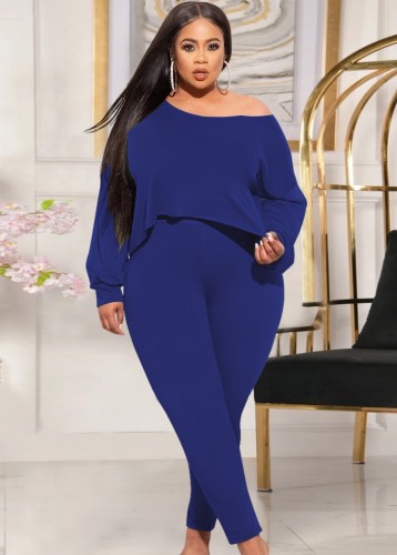 Plus Size Blue Boat Neck Irregular Top and Tight Pants Two Piece Set