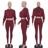 Red Bubble Sleeve Hoody Crop Top and Line Pant Two Piece Set