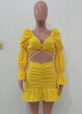 Yellow Bubble Sleeve Crop Top and Ruched Shirring Skirt 2PCS Set