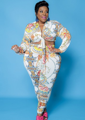 Plus Size Print White Long Sleeve Blouse and Pant 2PCS Set