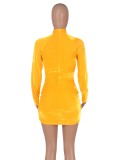 Mesh Patch Yellow Velour Midi Neck Mini Fitted Dress