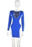 White Mesh Patch Blue Beaded Deep-V Long Sleeve Mini Dress
