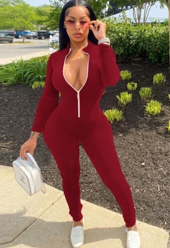 Red Ribbed Zip Up Long Sleeves Fitted Jumpsuit