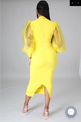 Yellow Silk Puff Sleeve Slit Midi Dress