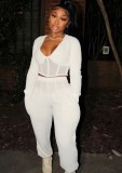 White Patch V-Neck Long Sleeves Tunic Top and Pants 2PC Set