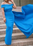 Blue Off Shoulder Elegant Maxi Evening Gown