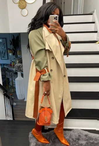Contrast Begie And Green Double-Breasted Long Coat With Belt