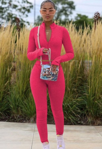 Pink Zipper Open Long Sleeve Top and Pants Two Piece Set