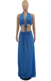 Blue Halter Backless Bra and Maxi Skirt Two Piece Set