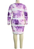 Plus Size Purple Tie Dye Long Sleeve O-Neck Skinny Dress