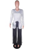 Grey V-Neck Top and Contrast Color Wide Pants Two Piece Set