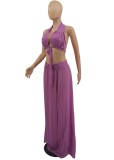Purple Halter Backless Bra and Maxi Skirt Two Piece Set