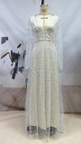 White V-neck Long Sleeve Tulle Maxi Dress
