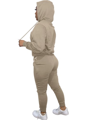 Beige Long Sleeve Hoody Top and Pant 2PCS Set with Pocket