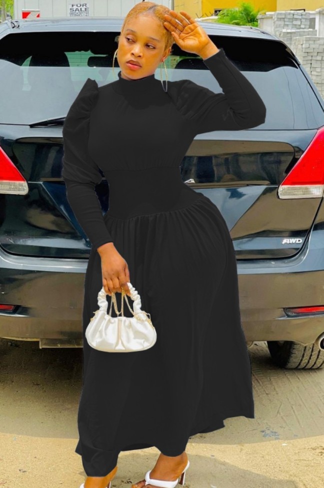 Black Puff Sleeve High Neck Maxi Dress