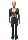 Green Cut Out Long Sleeves Slim Fit Flare Jumpsuit