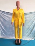 Yellow Button Up Turndown Collar Blouse Jumpsuit with Belt