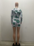 Green Leaf Print Grey Zipper Up Crop Top and Shorts Two Piece Set