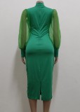 Green Silk Puff Sleeve Slit Midi Dress