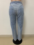 Light Blue Parchwork High Waist Jeans with Pocket