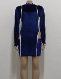 White Piping Blue Velvet Cut Out Bodycon Dress