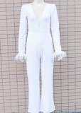 Feather Cuff White Deep-V Long Sleeve Wide Jumpsuit