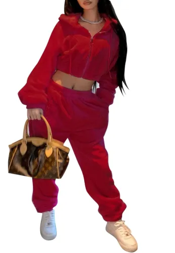 Red Velvet Zip Up Hoody Crop Top and Pants Two Piece Set