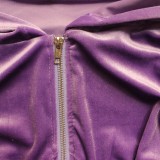 Purple Velvet Zipper Open Hoody Crop Top and Pants 2PCS Set