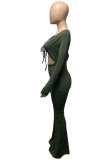 Green Cut Out Long Sleeves Slim Fit Flare Jumpsuit
