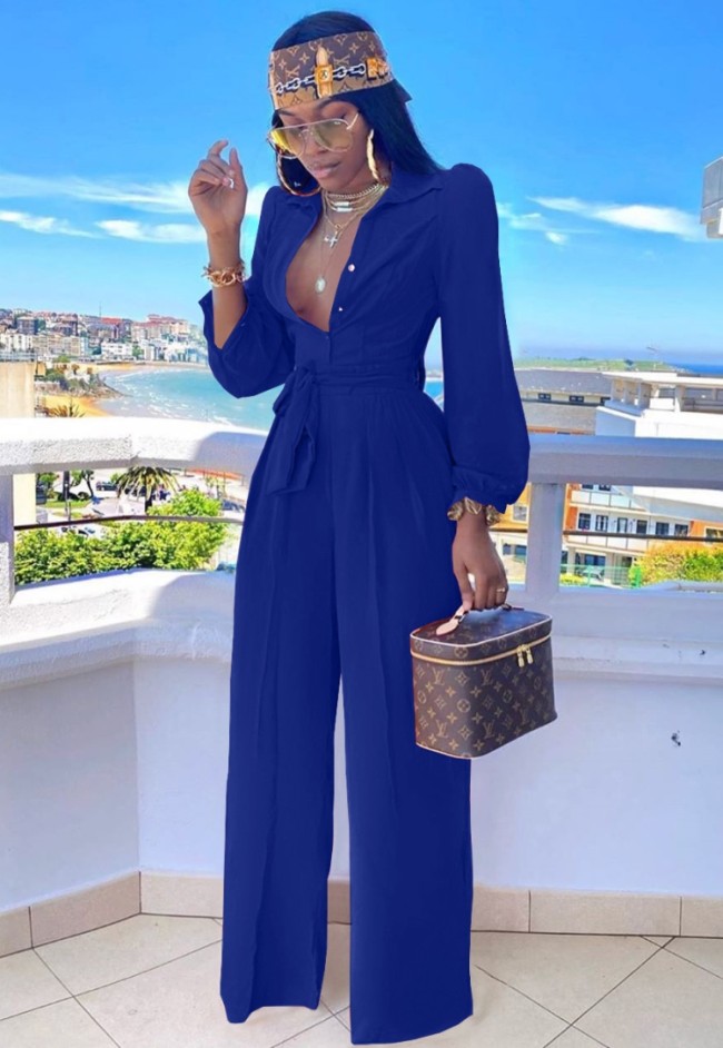 Blue Button Up Turndown Collar Blouse Jumpsuit with Belt