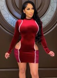 White Piping Red Velvet Cut Out Bodycon Dress