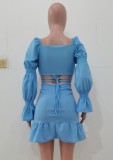 Blue Bubble Sleeve Crop Top and Ruched Shirring Skirt 2PCS Set
